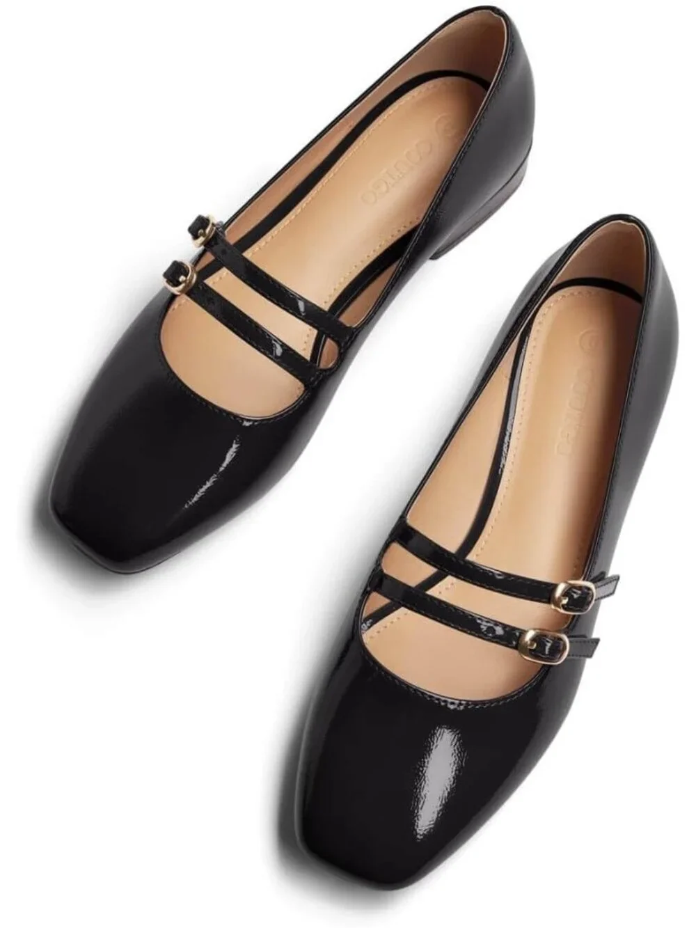 Women's Black Faux Leather Square Toe Ballet Flats Double Strap Slip On Shoes